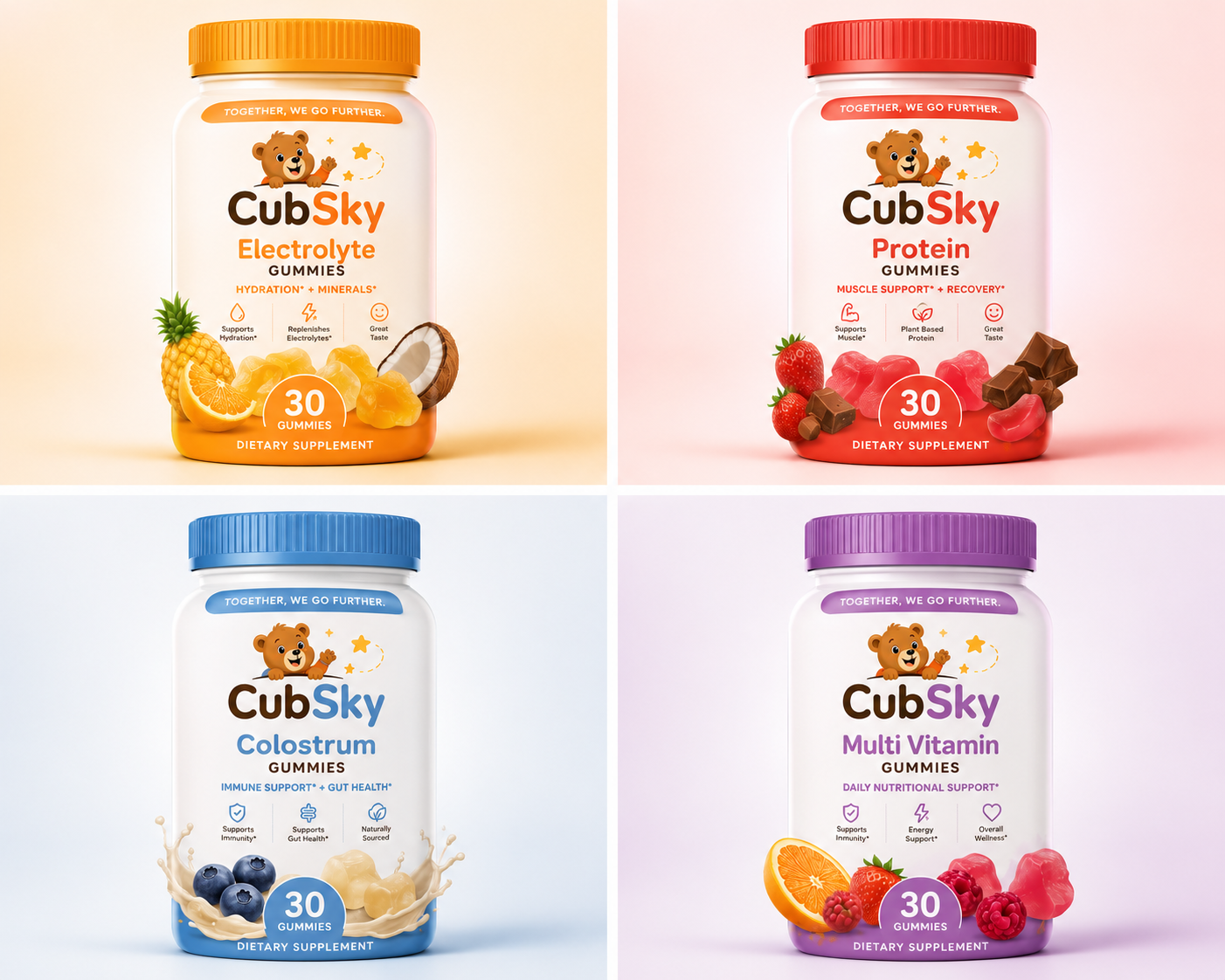 CubSky Electrolyte, Protein, Colostrum and Multi Vitamin gummy products